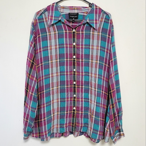 Foxcroft Wrinkle Free Shaped Fit Colorful Plaid Button Up Shirt 24W Office - Picture 1 of 9